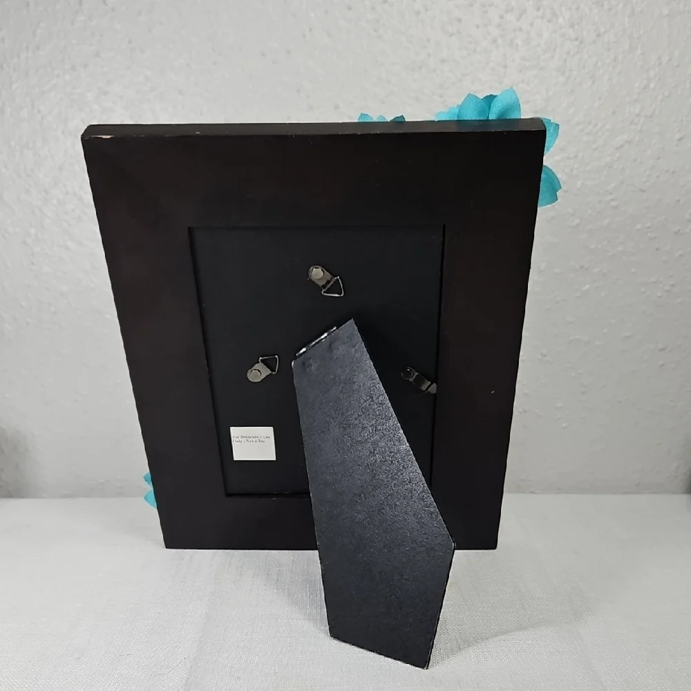 Rustic Wooden Photo Frame with Teal Floral Accents